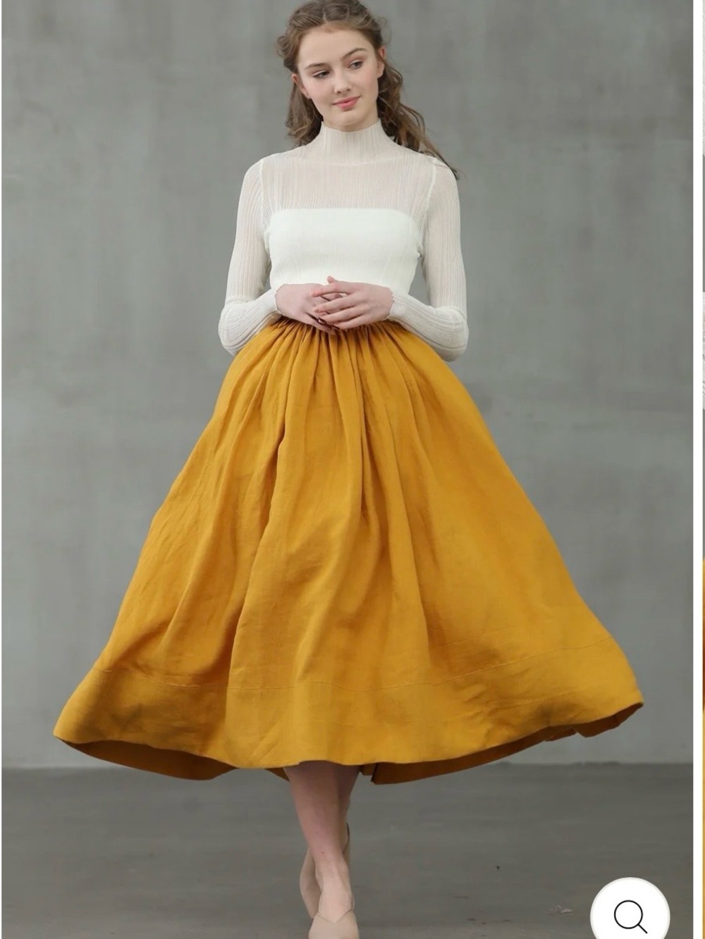 Women's Classic Mustard A-Line Midi Skirt with Gathered Waist 100% Linen